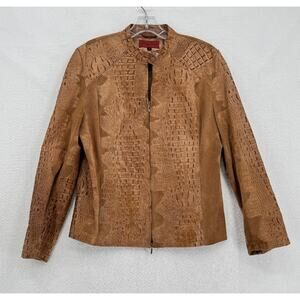 Nicola Berti Womens Brown Crocodile Embossed Genuine Leather Moto Jacket Sz L